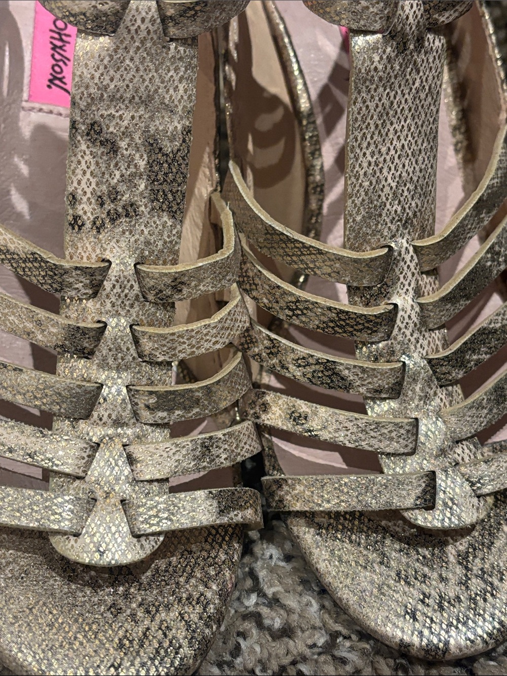 Betsey Johnson Strappy Metallic Snakeskin-Heel Sandals in Gold